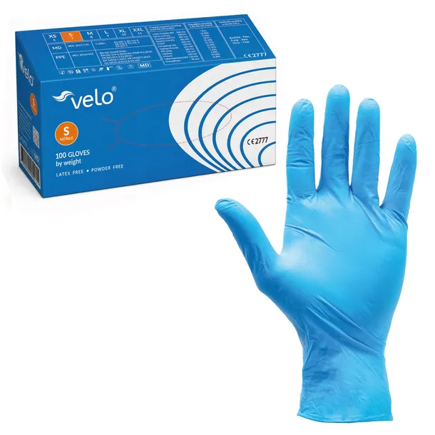 RĘKAWICE RĘKAWICZKI NITRYLOWE MOCNE BEZPUDROWE VELO NITRILE BLUE S 100SZT