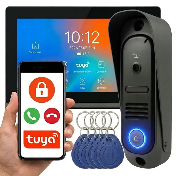 ZESTAW WIDEODOMOFON WIFI TUYA MONITOR PRZEWODOWY CZYTNIK RFID FURTKA PIR