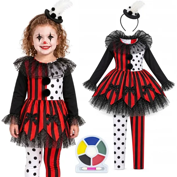 Strój DLA DZEWCZYNKI Halloween KLAUN PAJACYK 4-6 lat ZESTAW FARBY Kostium