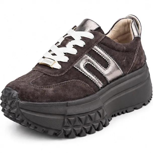 Sneakersy damskie skórzane brązowe na platformie 38