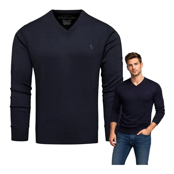 Sweter męski kołnierzyk v-neck w serek bawełniany granatowy ciemny XL