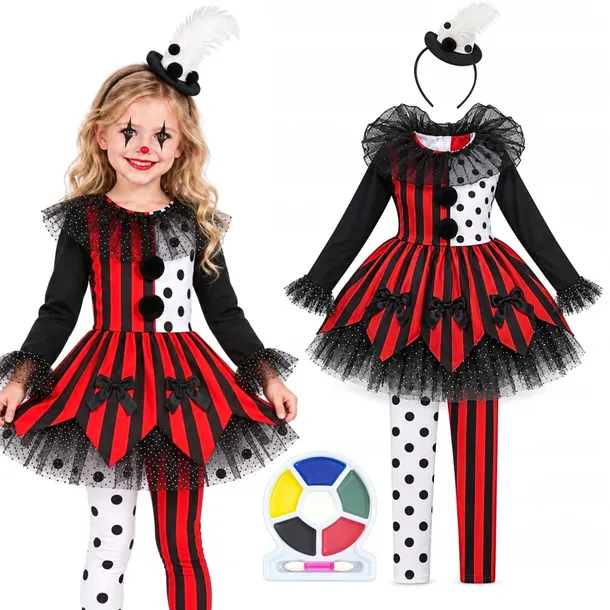 Strój DLA DZEWCZYNKI Halloween KLAUN PAJACYK 10-12 lat ZESTAW FARBY Kostium