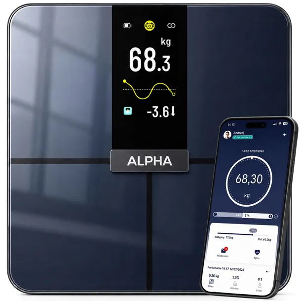 Waga Łazienkowa Elektroniczna Alpha - Aplikacja po Polsku Analityczna BMI