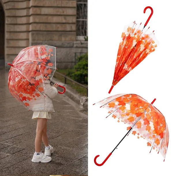 Przezroczysty Parasol Damski Pomarańczowo-Czerwony Jesienny Na Deszcz
