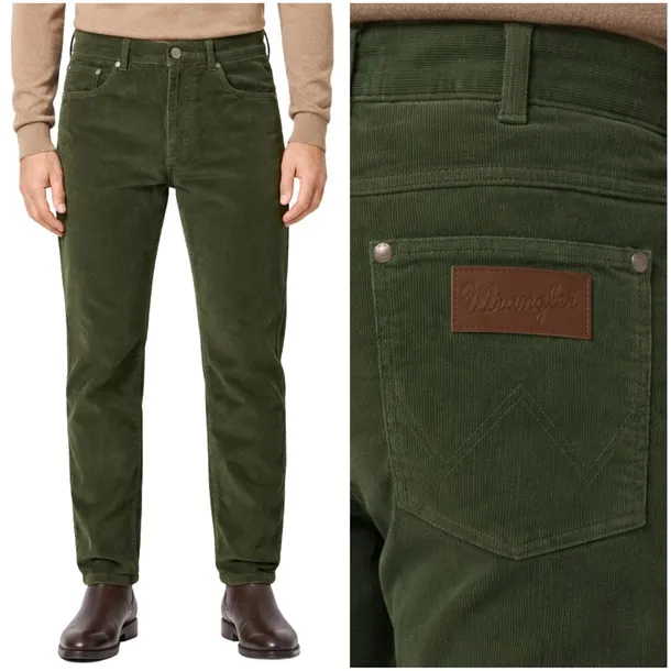 Spodnie męskie sztruks Wrangler Greensboro Forest zielone proste W38 L32