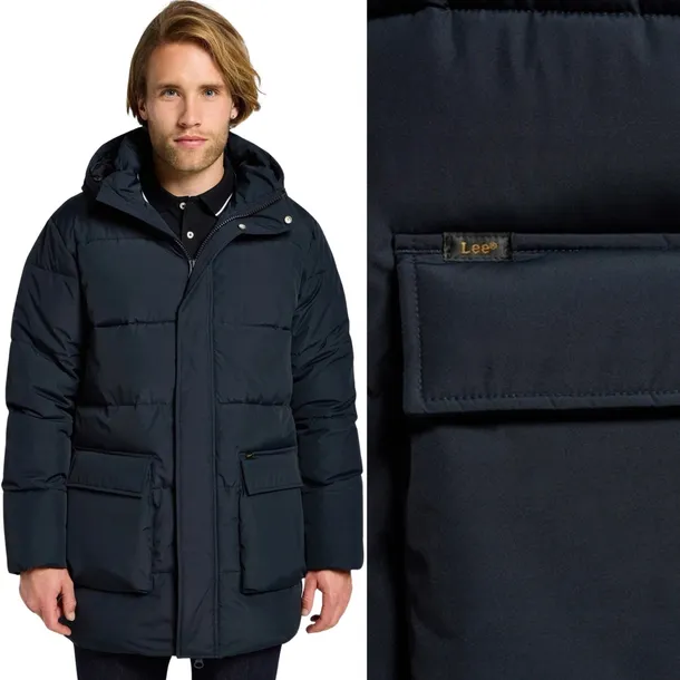 Lee LONG PUFFER JACKET Black długa wodoodporna kurtka puchowa z kapturem L