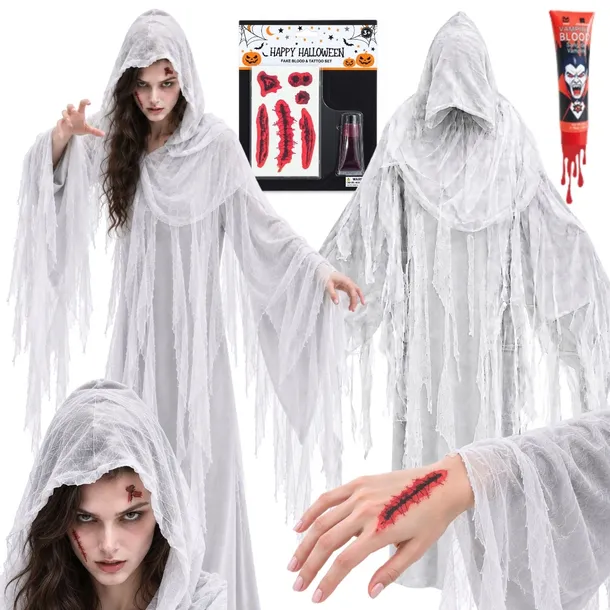 Strój DUCH BIAŁA DAMA UPIÓR Halloween SZATA RANY SZTUCZNA KREW Kostium M