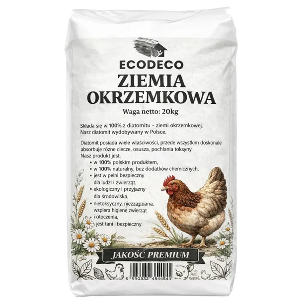 Ziemia Okrzemkowa Diatomit dla Kur 20kg Naturalna Na Ptaszyńca Piórojady