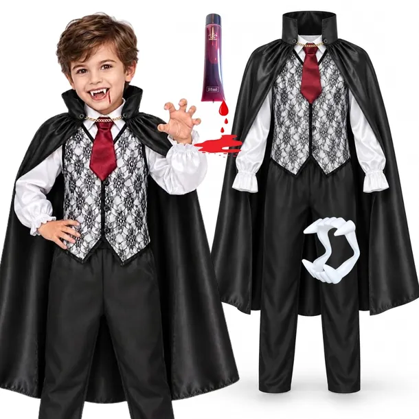 Strój Halloween ELEGANCKI DRACULA WAMPIR 7-9 lat KŁY SZTUCZNA KREW Kostium