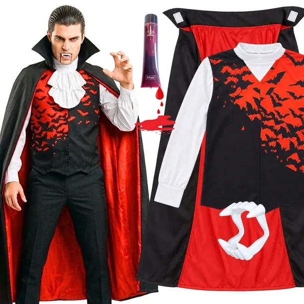 Strój Halloween HRABIA DRACULA WAMPIR KŁY SZTUCZNA KREW Kostium 5 el. M