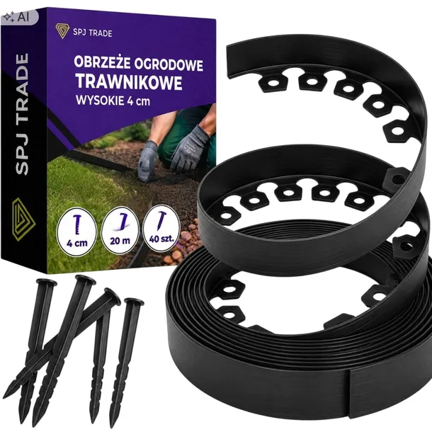 Obrzeże Ogrodowe Trawnikowe Plastikowe Czarne Wysokie 4 cm 20 m 40 kotew