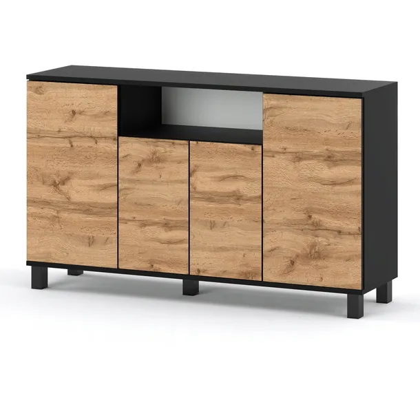KOMODA 140 CM CZARNA DĄB WOTAN 4 DRZWI SZAFKA RTV LOFT DO SALONU SYPIALNI