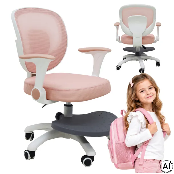FOTEL OBROTOWY DLA DZIECKA ERGONOMICZNY KRZESŁO DO BIURKA Z PODNÓŻKIEM RÓŻ