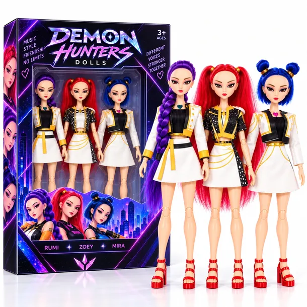 KOMPLET 3 X LALKA HUNTRIX LALKI KPOP RUMI MIRA ZOEY WERSJA SCENICZNA 30 CM DEMON HUNTERS