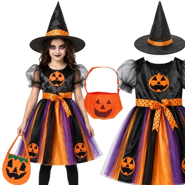 STRÓJ CZAROWNICY PRZEBRANIE WIEDŹMA DYNIA TOREBKA HALLOWEEN XL 130-140