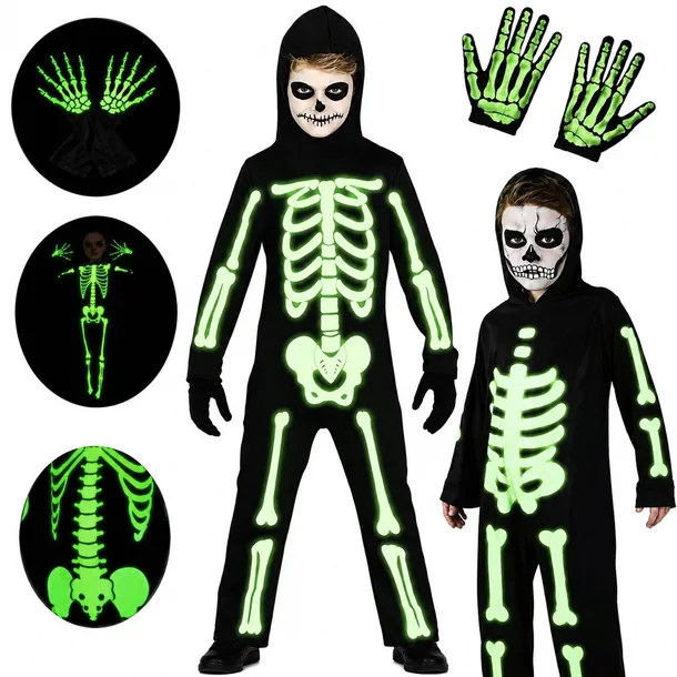 STRÓJ PRZEBRANIE KOŚCIOTRUP SZKIELETOR HALLOWEEN ŚWIECI W CIEMNOŚCI 110/116