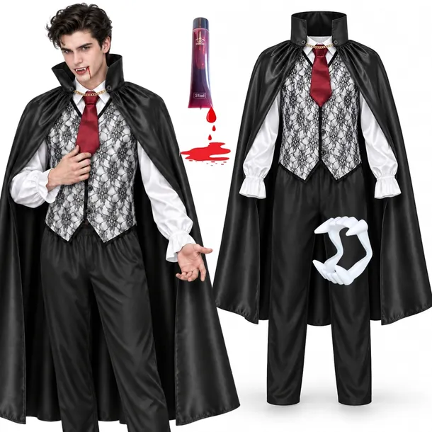 Strój ELEGANCKI DRACULA WAMPIR Halloween KŁY SZTUCZNA KREW Kostium S