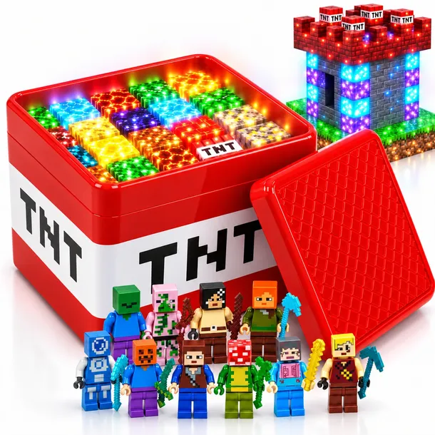 KLOCKI MAGNETYCZNE MINECRAFT LED + MINIFIGURKI ZESTAW PREMIUM 210EL. PUDEŁKO
