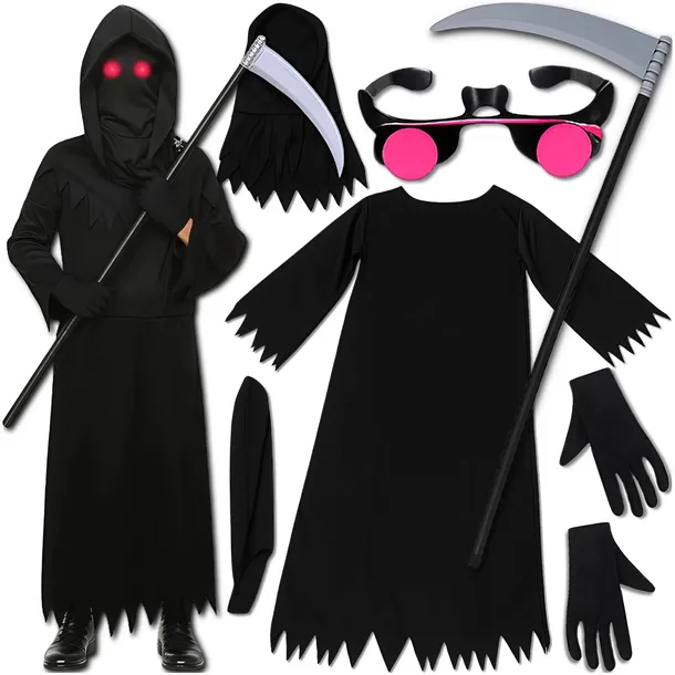 STRÓJ KOSTIUM NA HALLOWEEN PRZEBRANIE ŚMIERĆ Z KOSĄ 134-140CM ZESTAW M