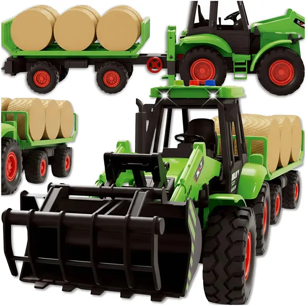 TRAKTOR CIĄGNIK Z ŁADOWARKĄ PRZYCZEPA Z BELAMI DO TRANSPORTU SIANA ZABAWKA