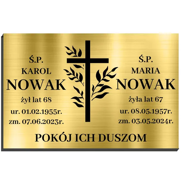 TABLICZKA NAGROBKOWA NAGROBNA 32X21 ZŁOTA ALUMINIOWA PODWÓJNE DANE POKÓJ