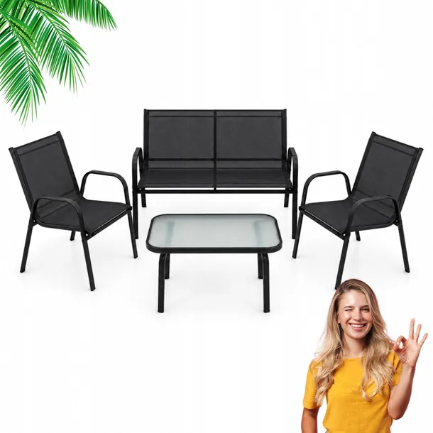 Zestaw Meble na Taras Balkon Sofa Fotele Stolik CZARNY AY009
