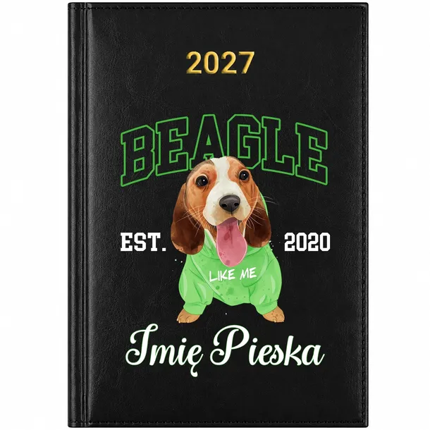 KALENDARZ KSIĄŻKOWY 2027 A5 TERMINARZ PLANER PREZENT BEAGLE IMIĘ PSA CZARNY