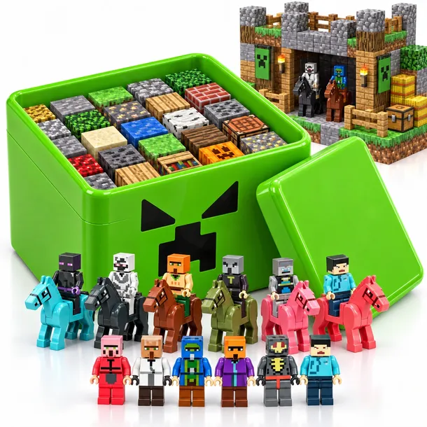 KLOCKI MAGNETYCZNE MINECRAFT LED + MINIFIGURKI + KONIE ZESTAW PREMIUM 335EL. PUDEŁKO
