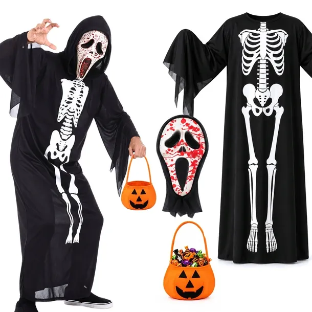 Strój Halloween KRWAWY KOŚCIOTRUP SZKIELET ŚMIERĆ 8-15 lat KOSZYK 120