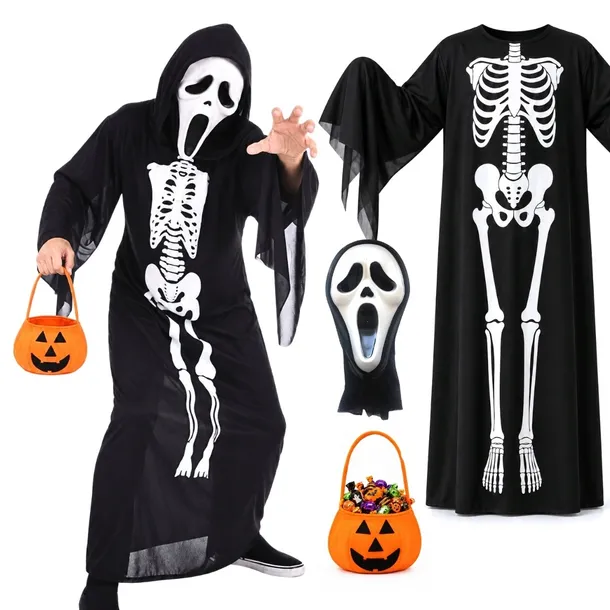 Strój Halloween KOŚCIOTRUP SZKIELET ŚMIERĆ 8-13 MASKA KOSZYCZEK Kostium