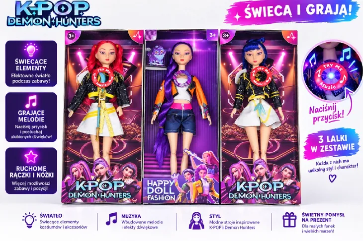 Świecące grające śpiewające KPOP LALKI 3 szt światło + Muzyka 30 cm DEMON HUNTERS Łowczynie Demonów 30 cm Lalki K-POP