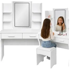 toaletka-kosmetyczna-leantoys-z-lustrem-led-biala-2-szuflady