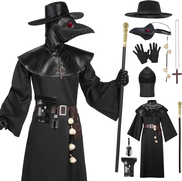 KOSTIUM DOKTOR PLAGA MASKA KOMPLET STAROŻYTNY LEKARZ HORROR HALLOWEEN STRÓJ