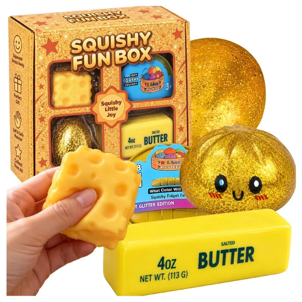Zestaw 4 Gniotków Antystresowych Squishy Złoty Box Masło Ser Gniotek