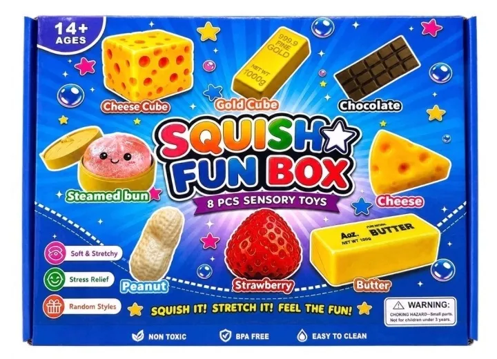 Duży Zestaw Gniotków Sensorycznych Squishy – 8 Elementów z Okienkami Box