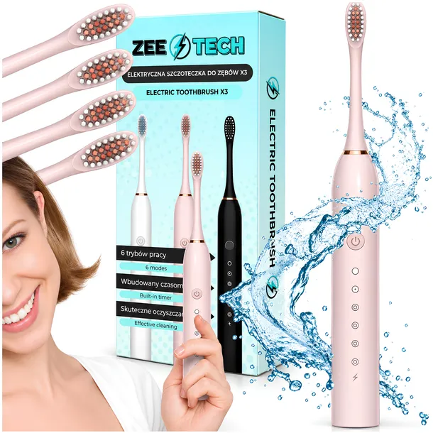 SZCZOTECZKA SONICZNA ELEKTRYCZNA DO ZĘBÓW 6 TRYBÓW TIMER + 4 KOŃCÓWKI