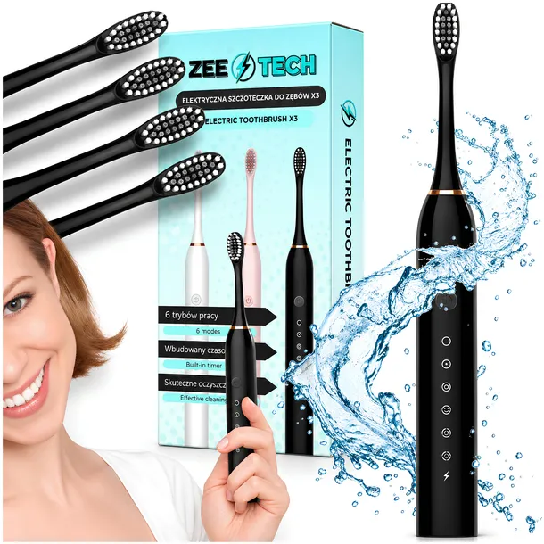SZCZOTECZKA SONICZNA ELEKTRYCZNA DO ZĘBÓW 6 TRYBÓW TIMER + 4 KOŃCÓWKI