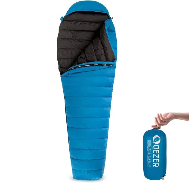 PUCHOWY ULTRALEKKI ŚPIWÓR QEZER MUMIA 215x80 CM NIEBIESKI 2°C-16°C