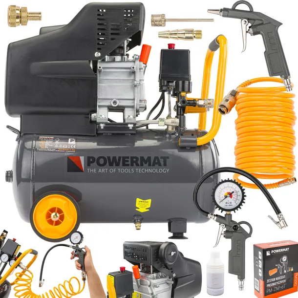 KOMPRESOR OLEJOWY 24L SPRĘŻARKA 8 BAR 206 l/min 230V ZESTAW PISTOLET