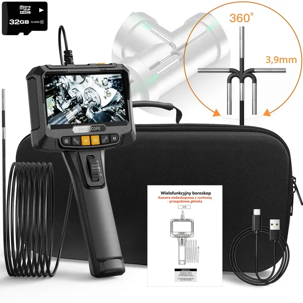 KAMERA INSPEKCYJNA ENDOSKOP OBROTOWA GŁOWICA 360° LED 1m 32GB SD IP67 3.9mm