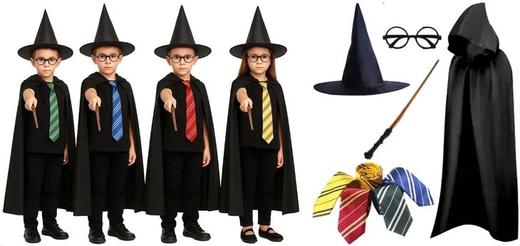 STRÓJ CZARODZIEJ RÓŻDŻKA PELERYNA 110cm KRAWAT DOMU KAPELUSZ OKULARY