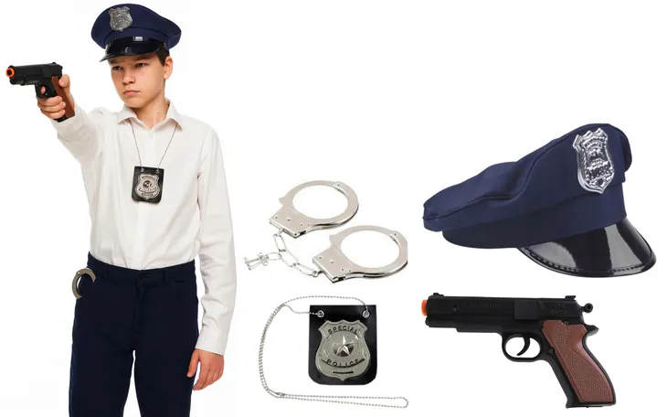STRÓJ POLICJANTA USA SPECIAL POLICE CZAPKA PISTOLET KAJDANKI ODZNAKA