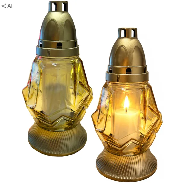 Znicz Lampion Szklany na Grób Złoty Diament Mały 21cm + Wkład Jednorazowy