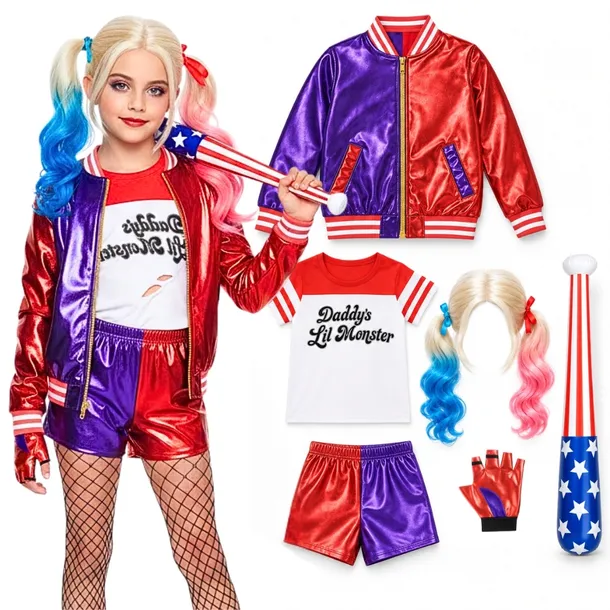 Strój Halloween HARLEY 120-130 M KURTKA BLUZKA SPODENKI PERUKA KIJ 6 el.