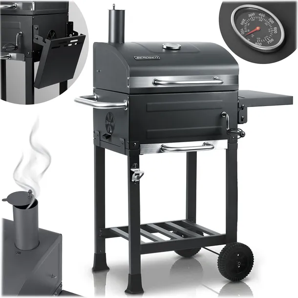 GRILL WĘGLOWY OGRODOWY KOMIN STALOWY RUSZT 40 x 31,5 cm DUŻY + TERMOMETR