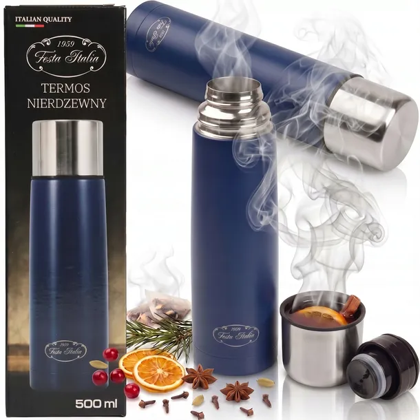Termos Termiczny Granatowy 0,5L Stal Nierdzewna Bidon Na Gorące Napoje Kawę