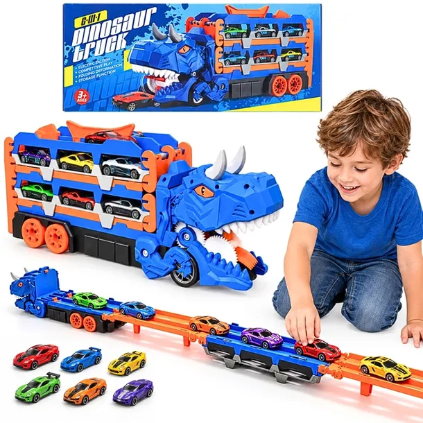 Duży SAMOCHÓD TRANSPORTER WYRZUTNIA Dinozaur TIR GARAŻ TOR AUTKA 7w1