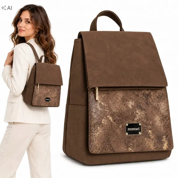 Plecak Damski MONNARI Brązowy Elegancki Miejski ZŁOTY WZÓR BAG5580