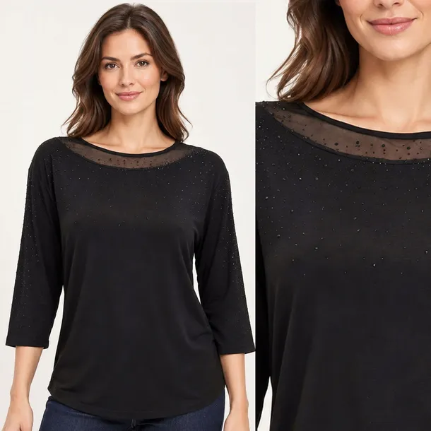 Bluzka Damska Wiskoza Luźna Rękaw 3/4 Kryształki Siateczka Elegancka L/XL