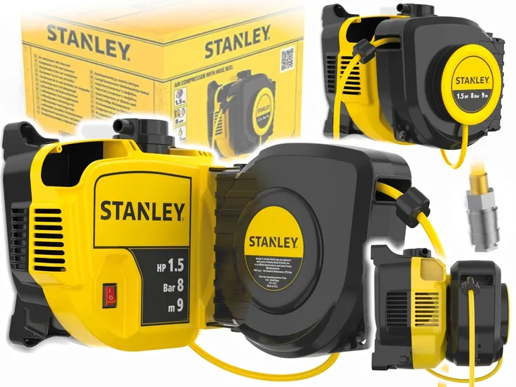 STANLEY KOMPRESOR BEZOLEJOWY SPRĘŻARKA naścienny na ścianę WALLTECH wąż 9m